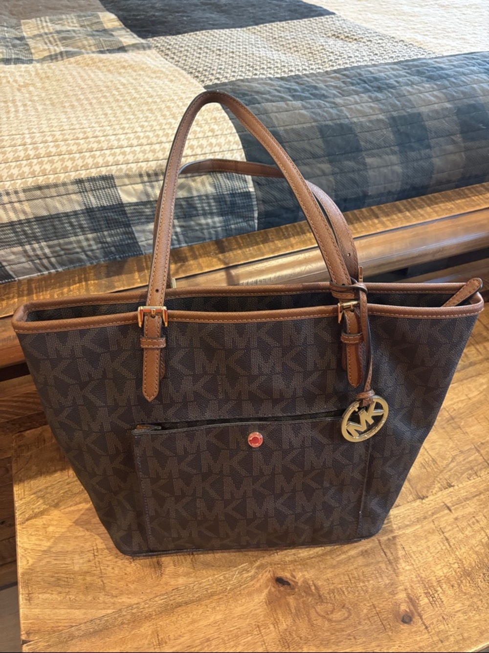 Michael Kors Brown MK Logo Tote with Tan Trim and Gold Charm